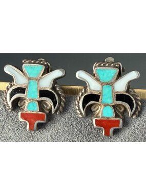 Vintage Thunderbird Inlay Turquoise Coral Sterling Silver Earrings Southwestern
